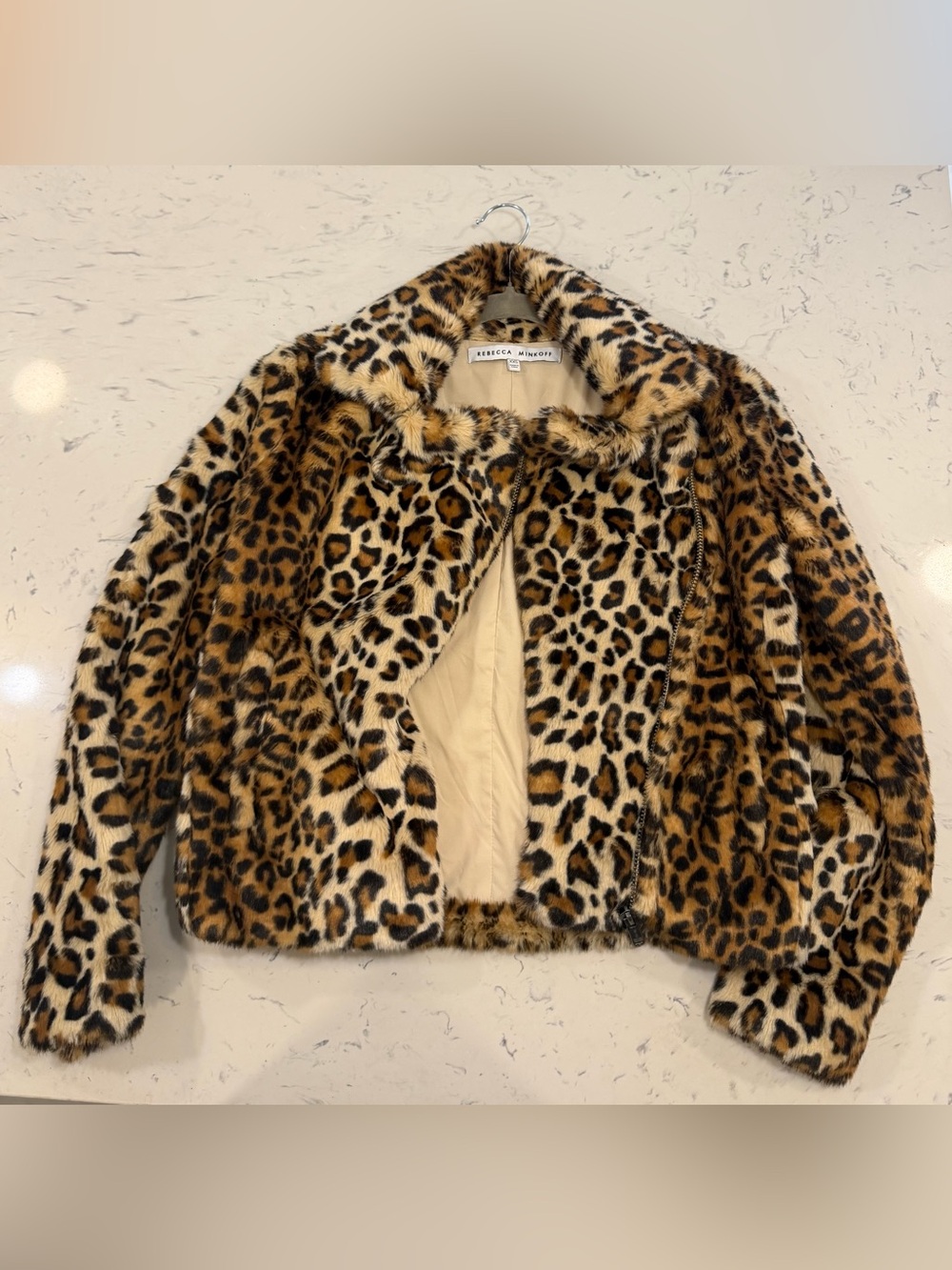 Rebecca Minkoff XXS Hudson Faux Fur Moto Jacket Leopard Print NEW